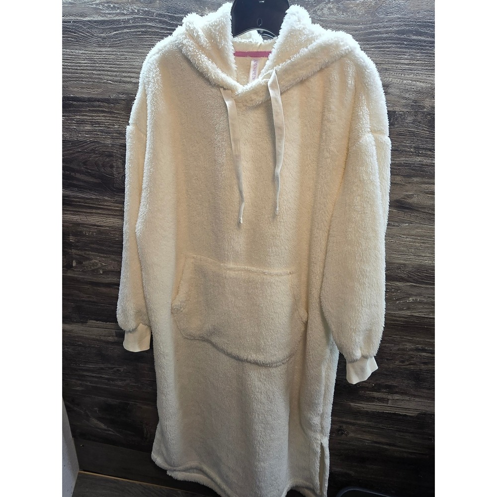 Joyspun Womens Cream Plush Faux Shearling Hooded Loungewear Dress Medium 8-10